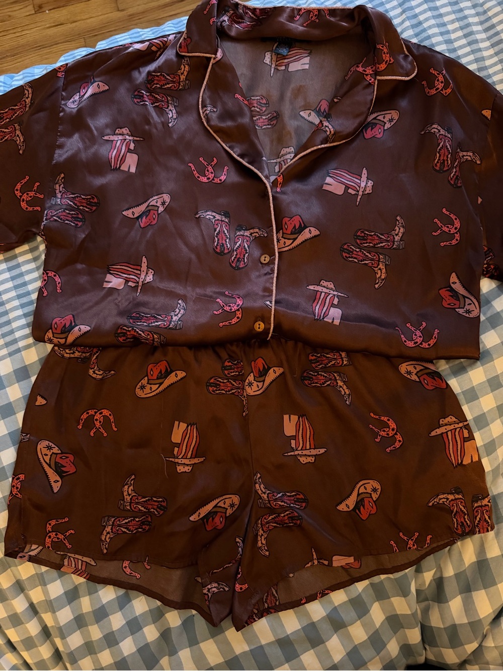 Women's Brown Satin Cowboy-Print Short PJ Set